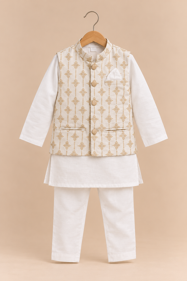 White Embroidered Jacket with Kurta Pyjama