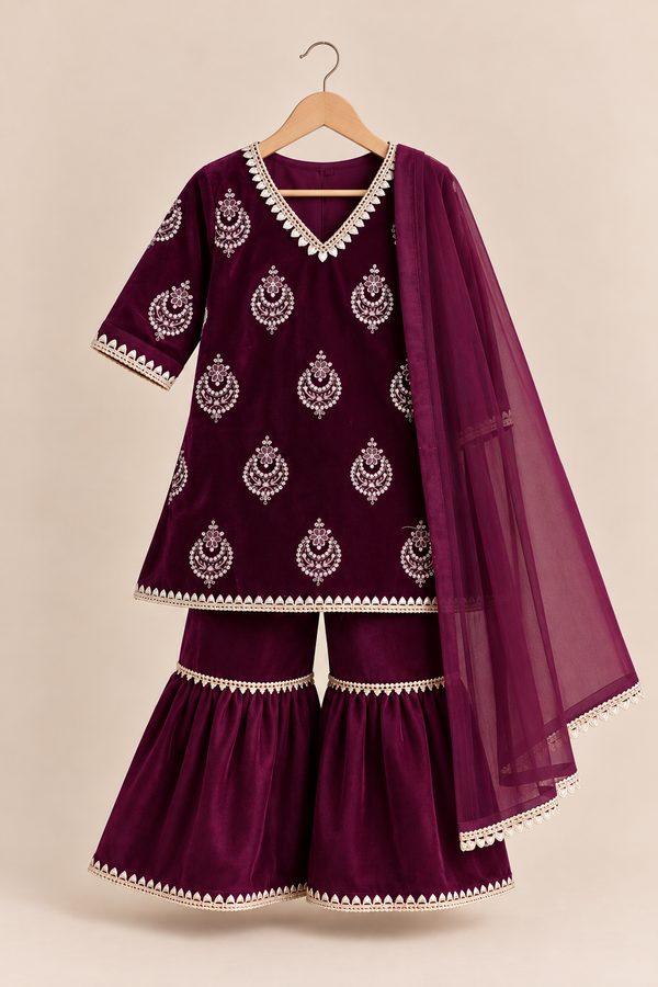 Burgundy Hand Embroidered Kurti with Palazzo