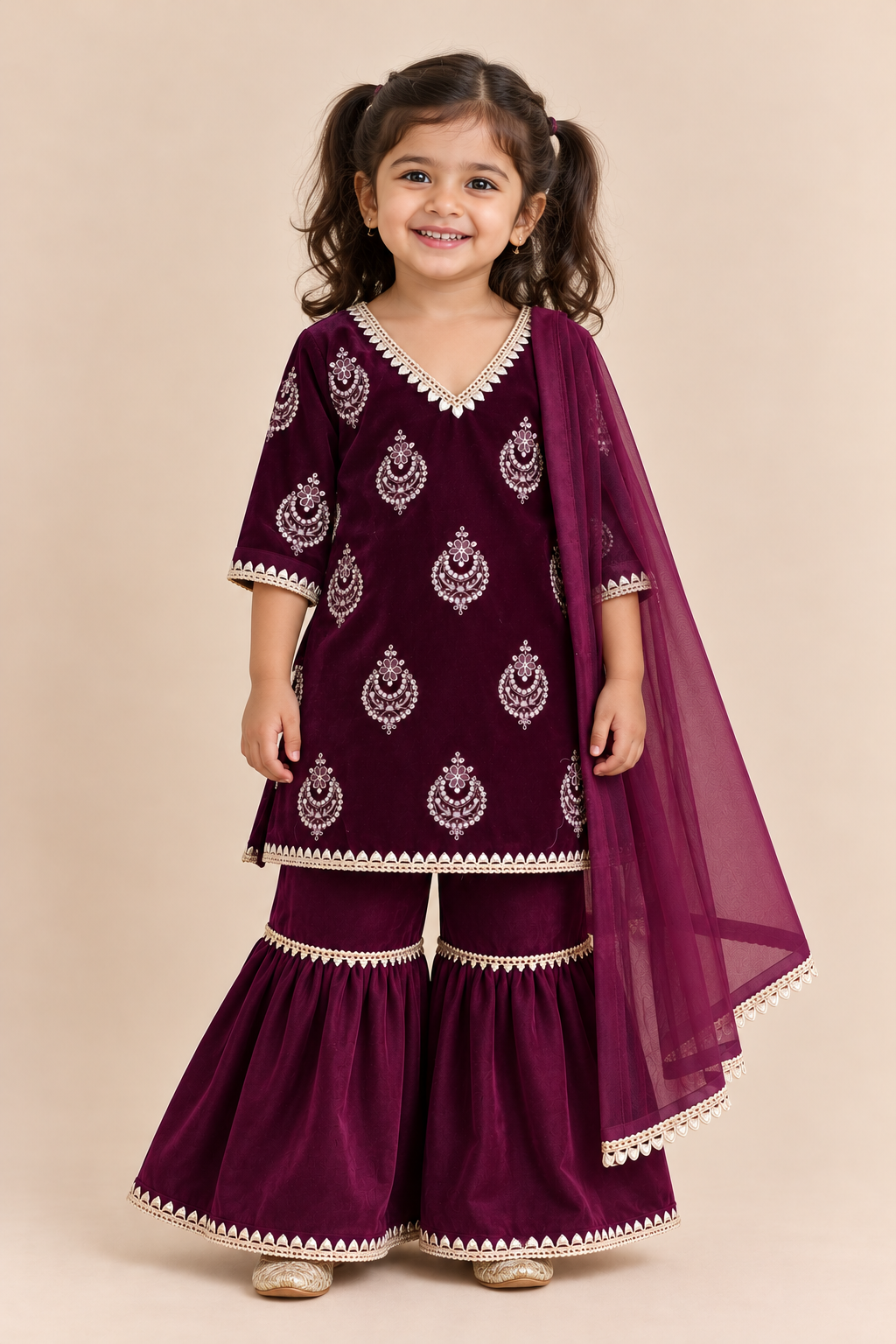 Burgundy Hand Embroidered Kurti with Palazzo