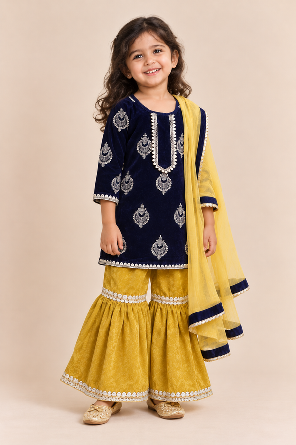 Navy Hand Embroidered Kurti with Yellow Sharara - ITSYBOO