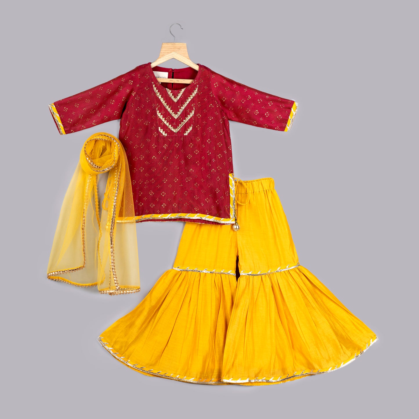 Crimson Pink and Yellow Sharara Set