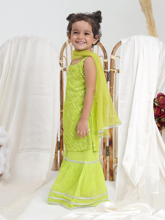 Green Embroidered Georgette Sharara- Set of 3 - ITSYBOO