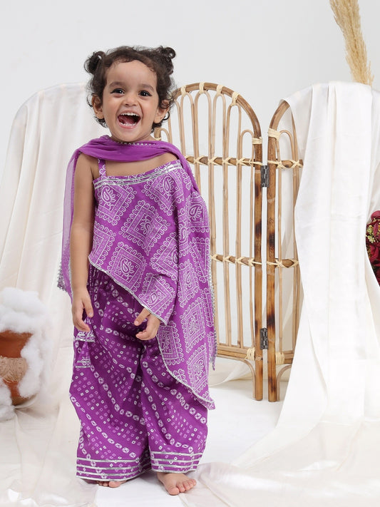 Girls Bandhani Printed Pure Cotton Asymmetric Top With Palazzos & Dupatta - ITSYBOO