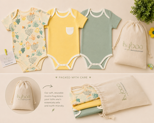 Organic Cotton Half Sleeve Onesie Bundle (Pack of 3) | Yellow, Green & Reef Print | Itsyboo (Copy)