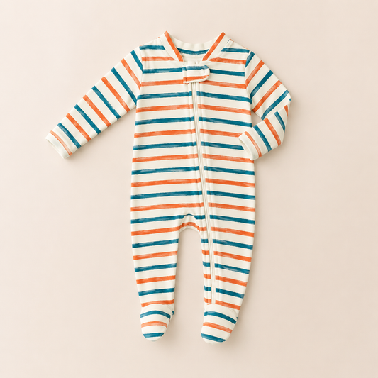 Stripe Print Organic Cotton Baby Footsie with Booties