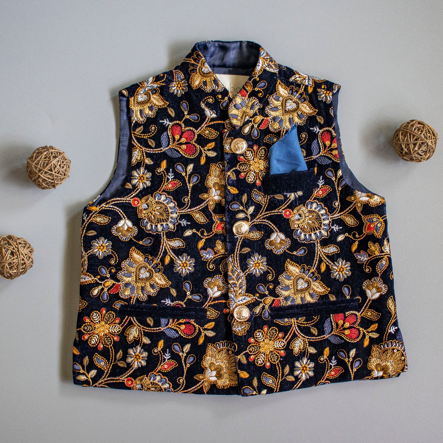 Ethnic Kurta With Navy Blue Pocket Square Velvet Jacket And Pyjama