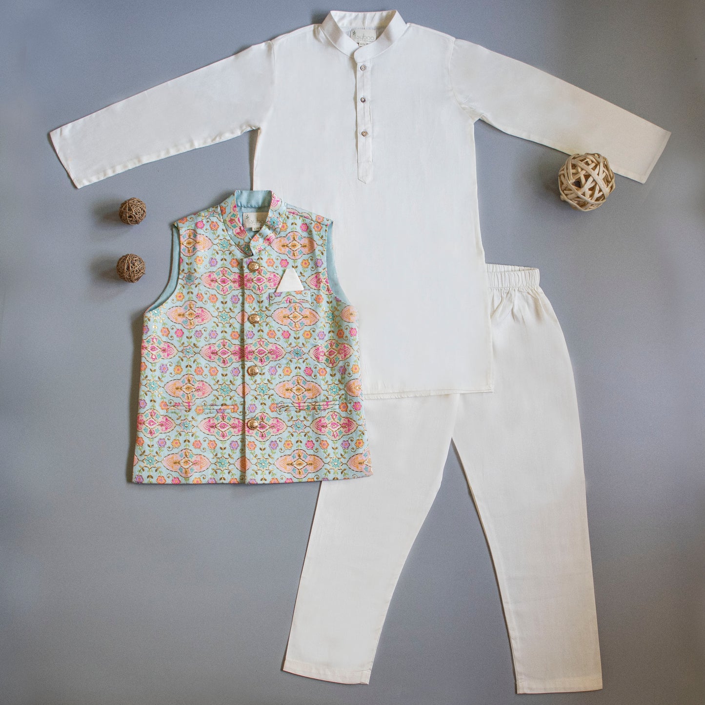 Floral Printed Thread Work Blue Jacket With Cream Kurta And Pyjama