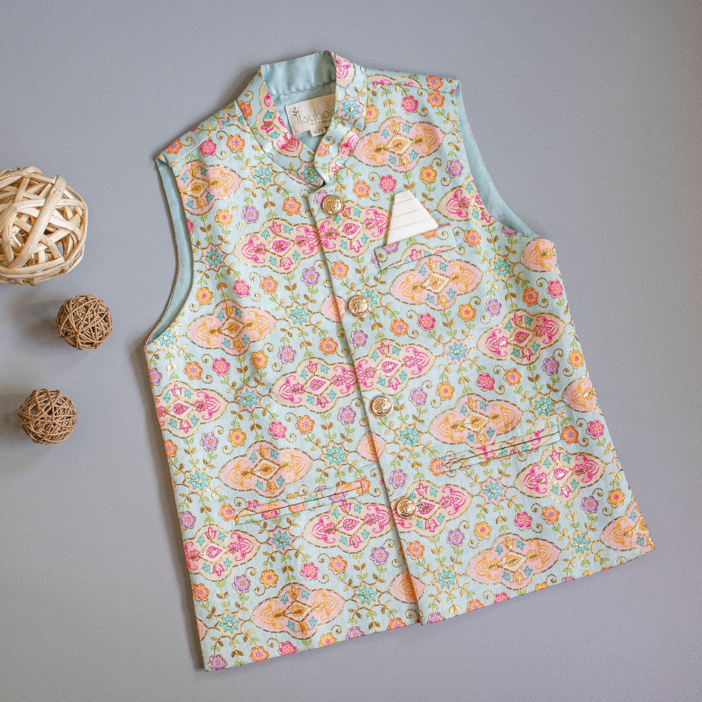 Floral Printed Thread Work Blue Jacket With Cream Kurta And Pyjama