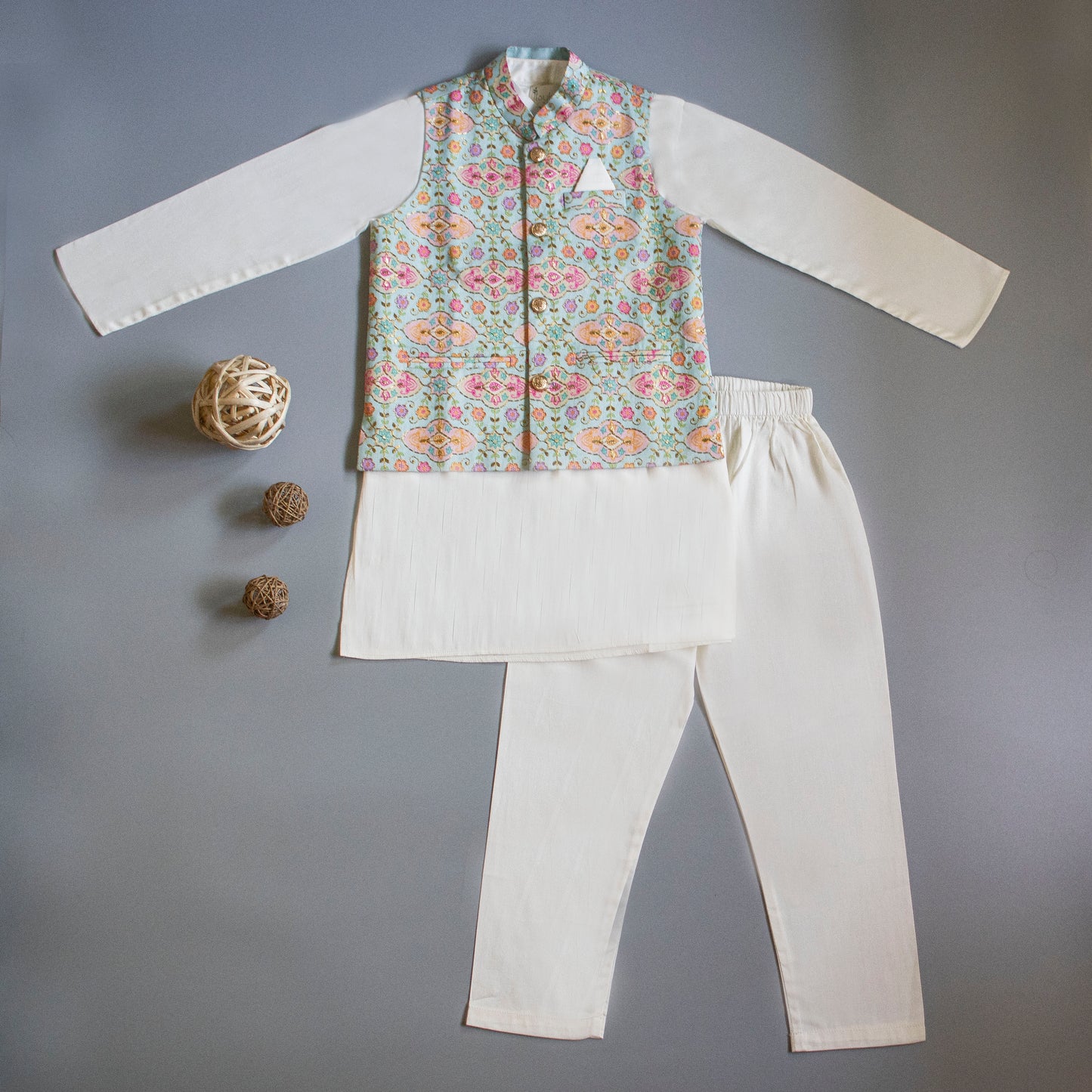 Floral Printed Thread Work Blue Jacket With Cream Kurta And Pyjama