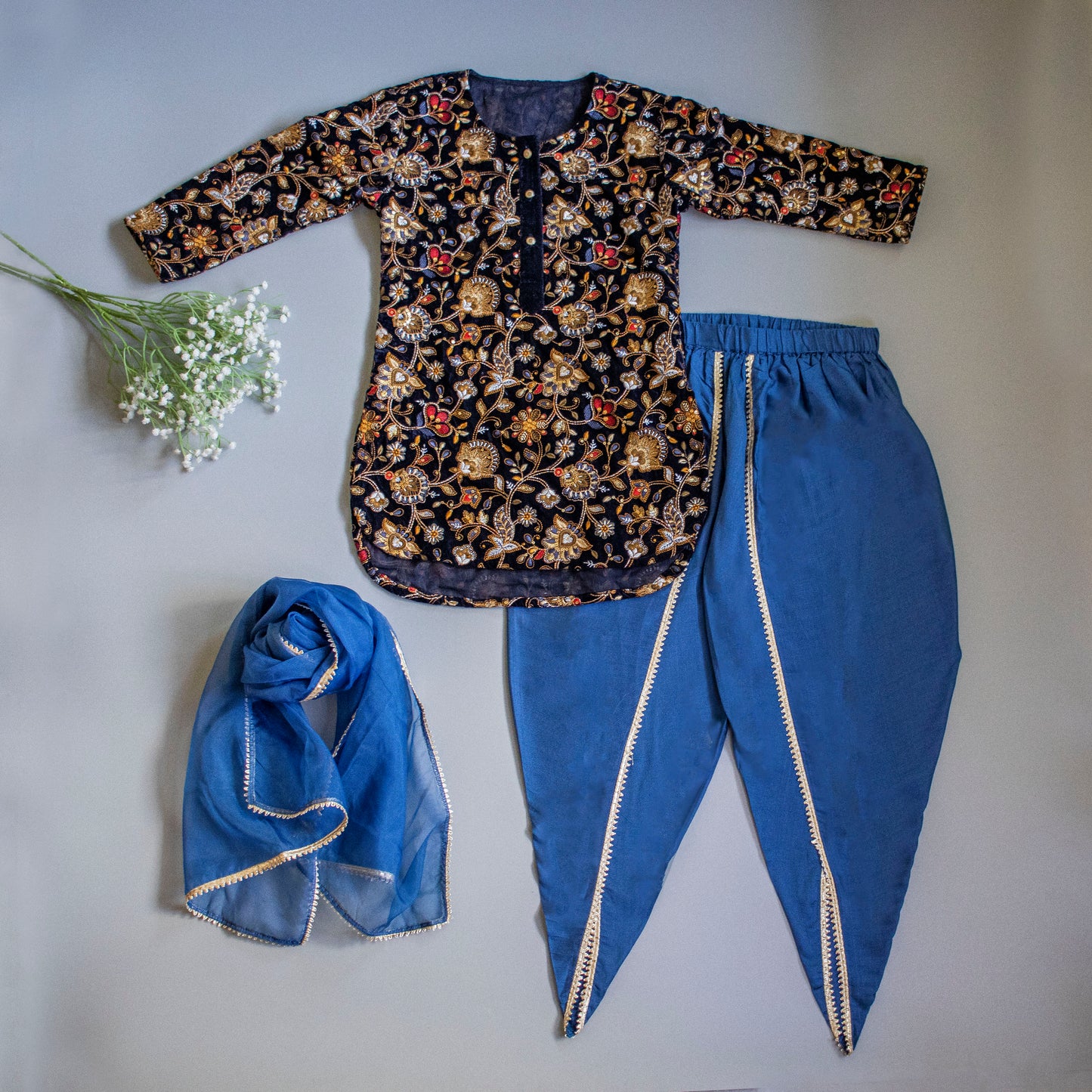 Intricate Embroidered Navy Blue High Low Kurti And Tulip Dhoti With Matching Gota Lace Work Dupatta