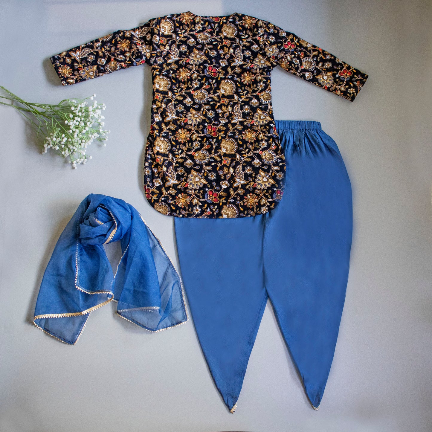 Intricate Embroidered Navy Blue High Low Kurti And Tulip Dhoti With Matching Gota Lace Work Dupatta