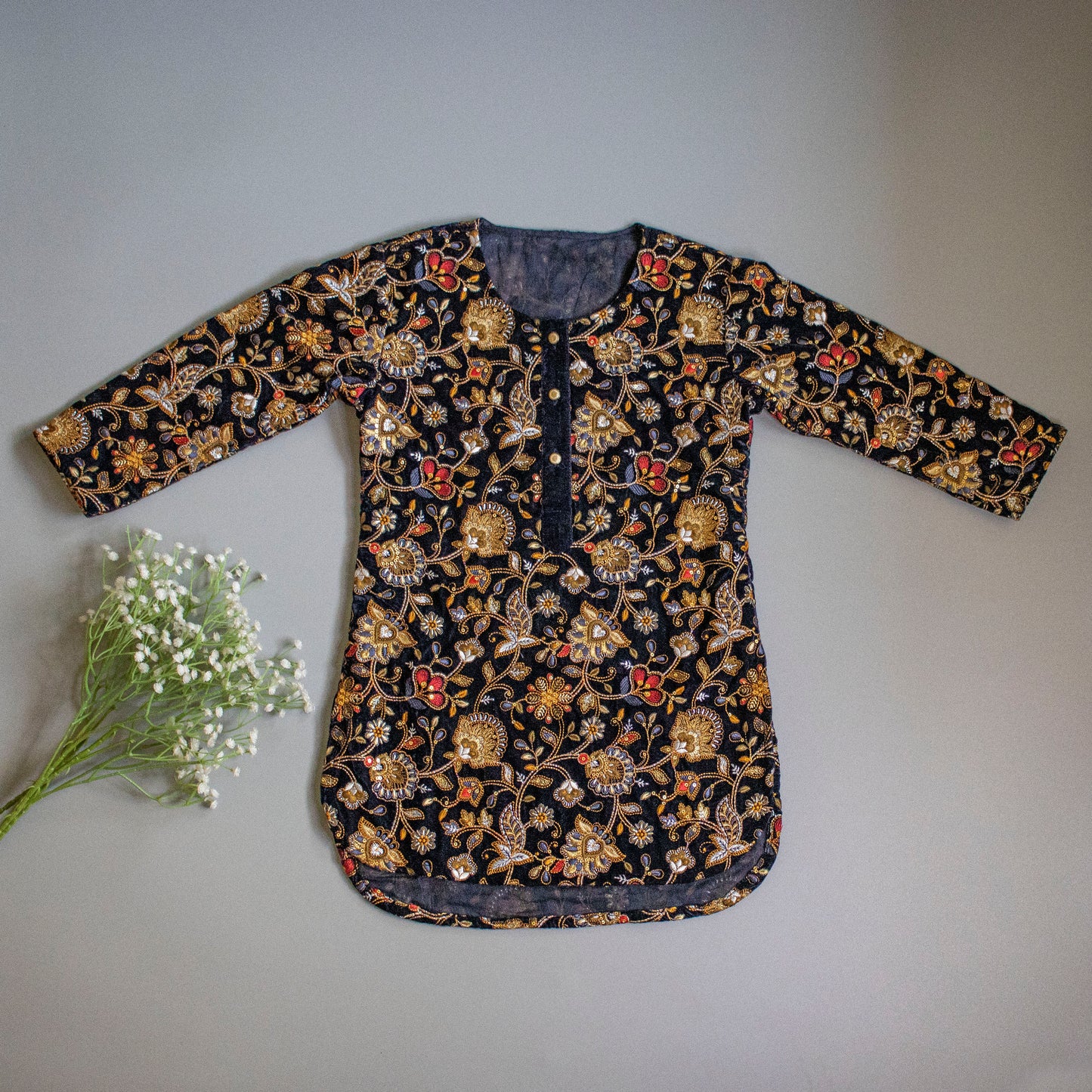 Intricate Embroidered Navy Blue High Low Kurti And Tulip Dhoti With Matching Gota Lace Work Dupatta