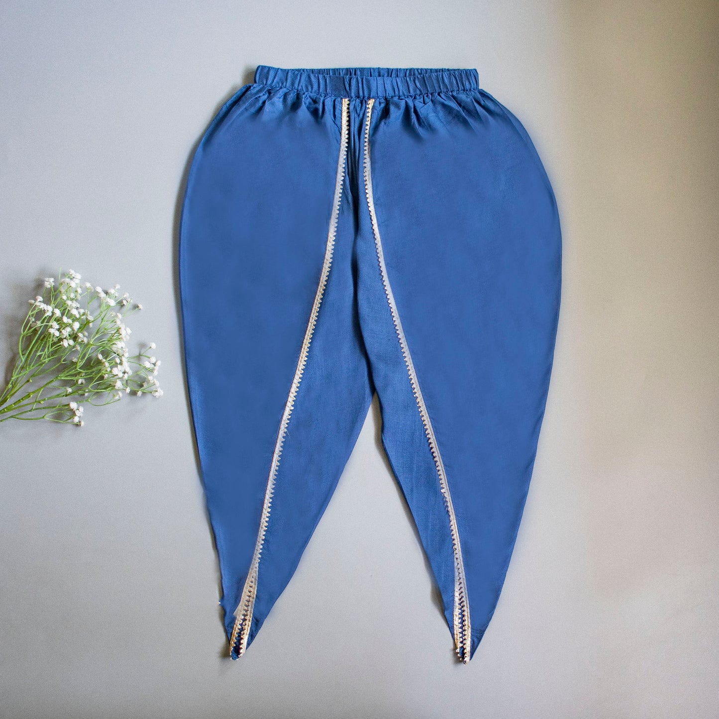 Intricate Embroidered Navy Blue High Low Kurti And Tulip Dhoti With Matching Gota Lace Work Dupatta