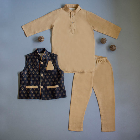 Black Block Printed Jacket with Beige Kurta Pyjama- - ITSYBOO