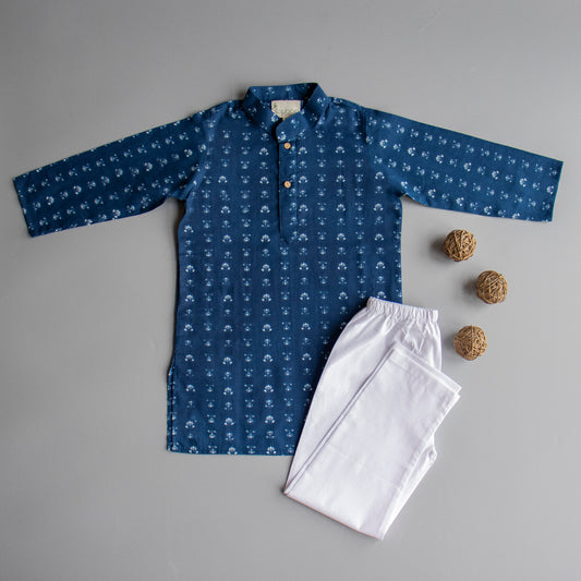 Blue Block Print Kurta Pyjama (Small Lotus) - ITSYBOO