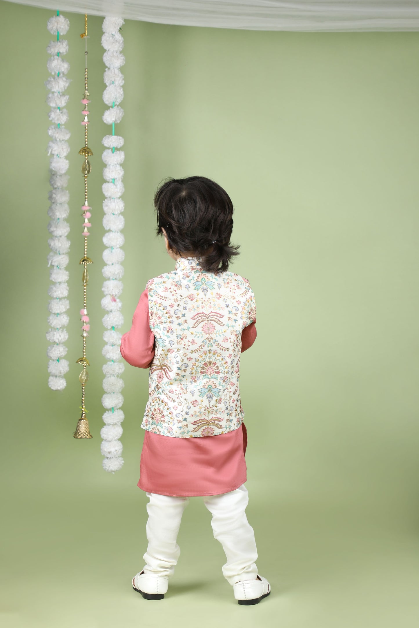 Floral Printed Thread Work Jacket With Pink Kurta And Pyjama