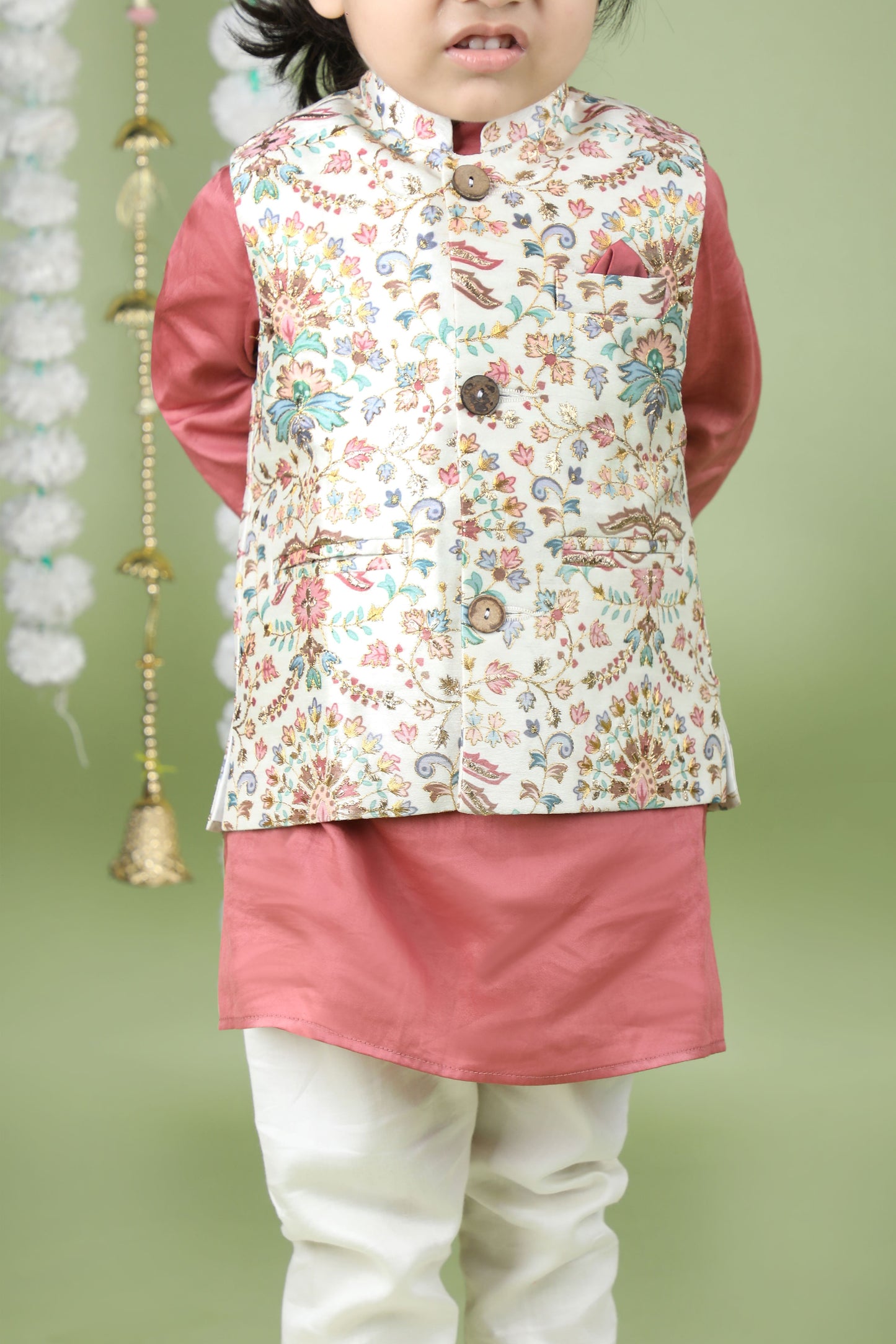 Floral Printed Thread Work Jacket With Pink Kurta And Pyjama