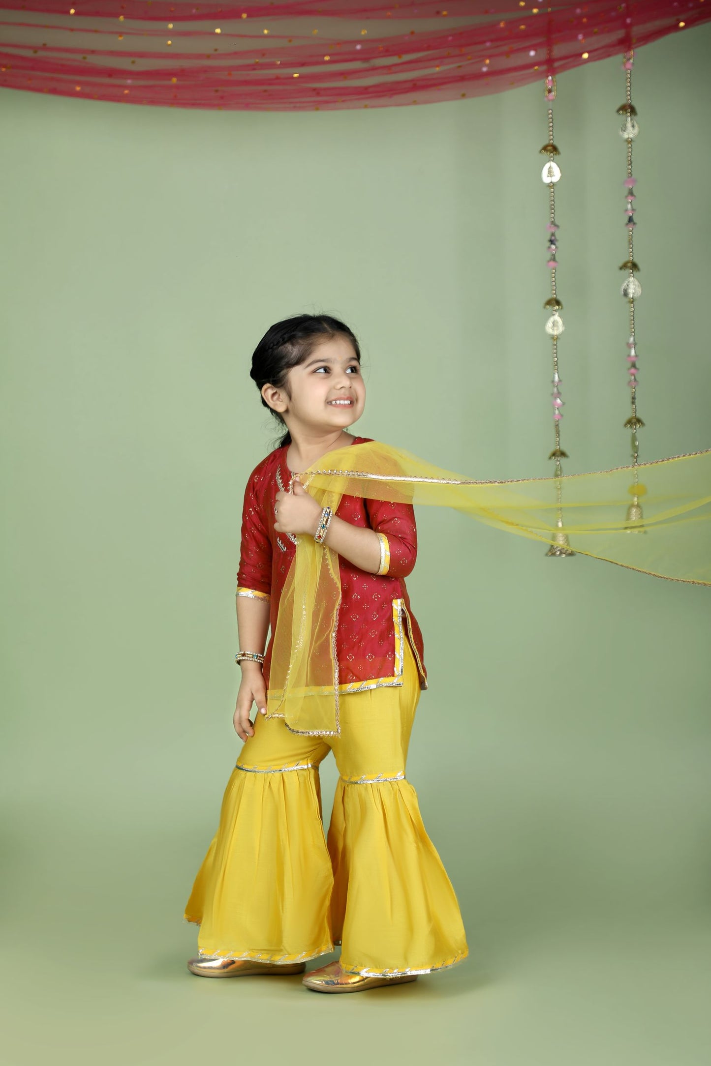 Crimson Pink and Yellow Sharara Set