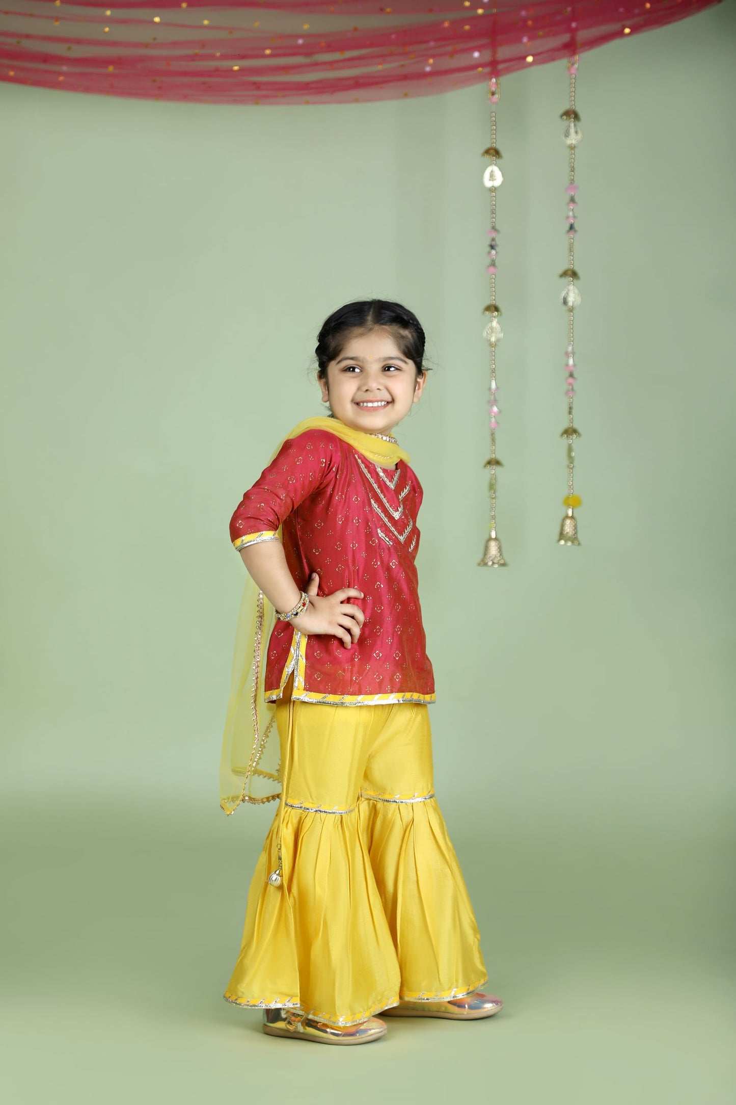 Crimson Pink and Yellow Sharara Set