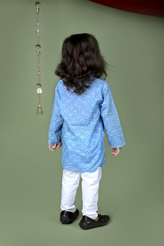 Blue Floral Block Printed Kurta And Pyjama