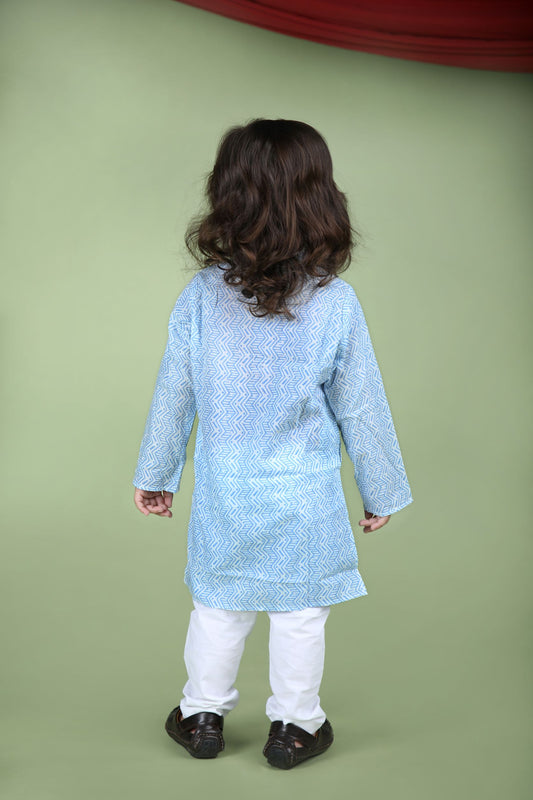 Blue Zig Zag Hand Block Printed Kurta And Pyjama