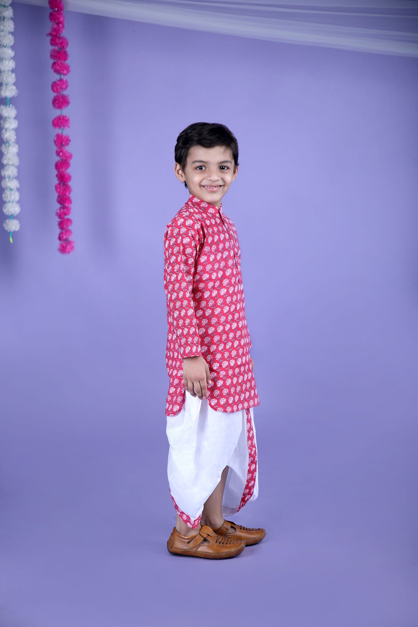 Pink Floral Block Printed Kurta And Dhoti