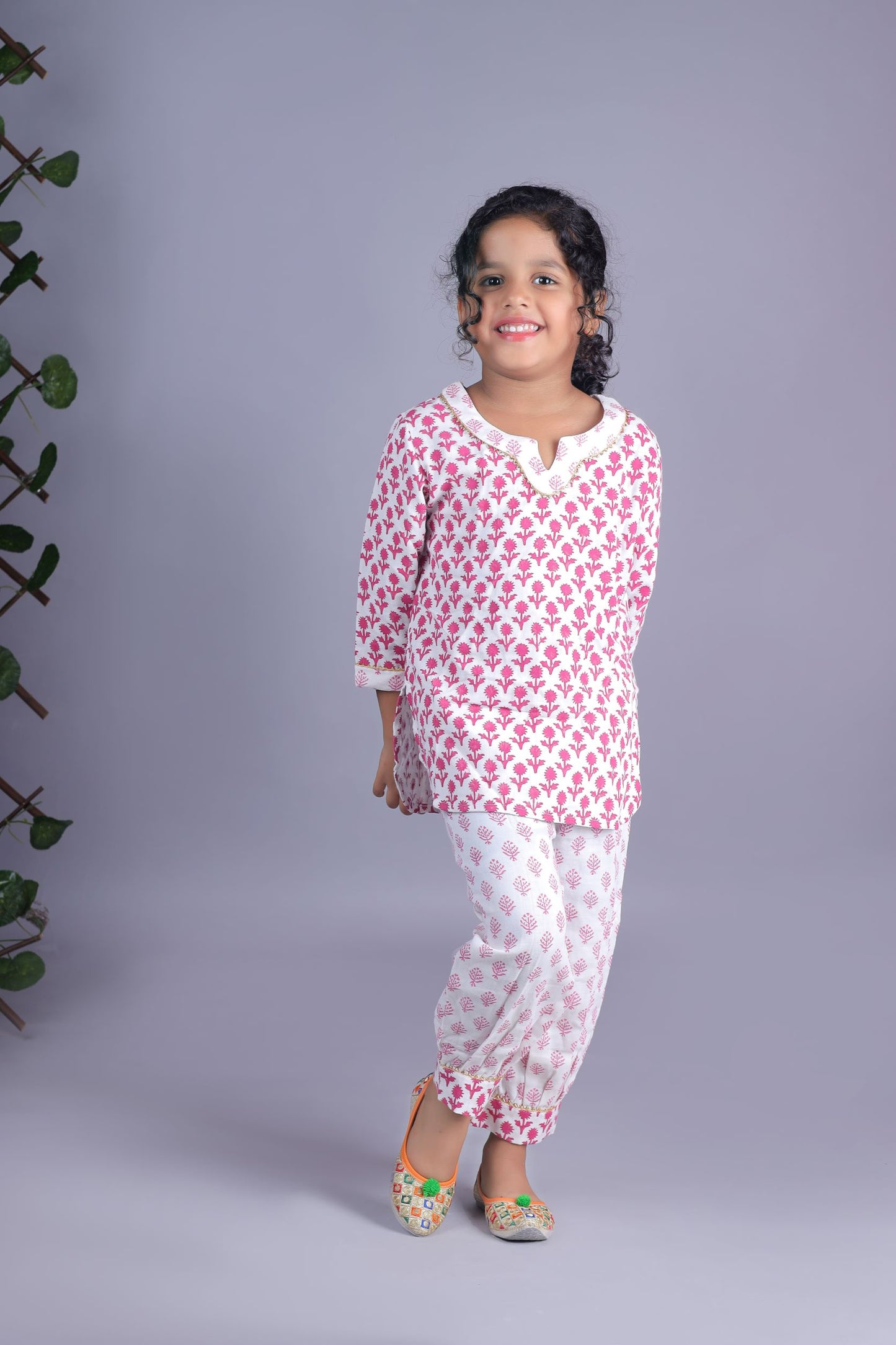 Pink Flower Print Kurta And Printed Salwar