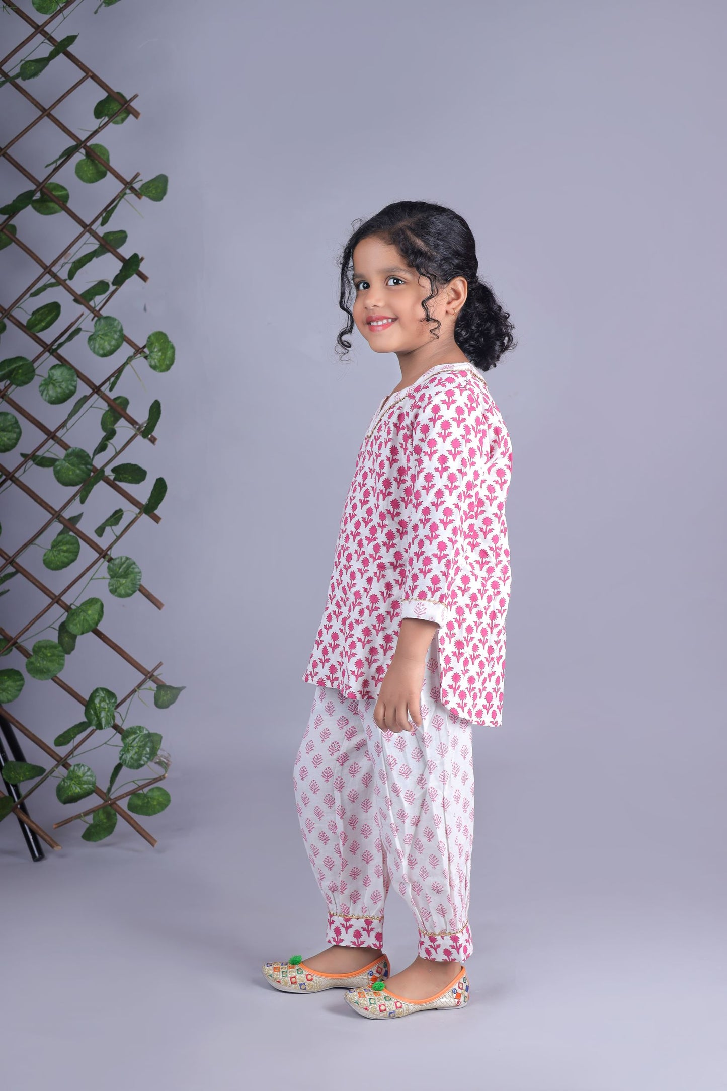 Pink Flower Print Kurta And Printed Salwar