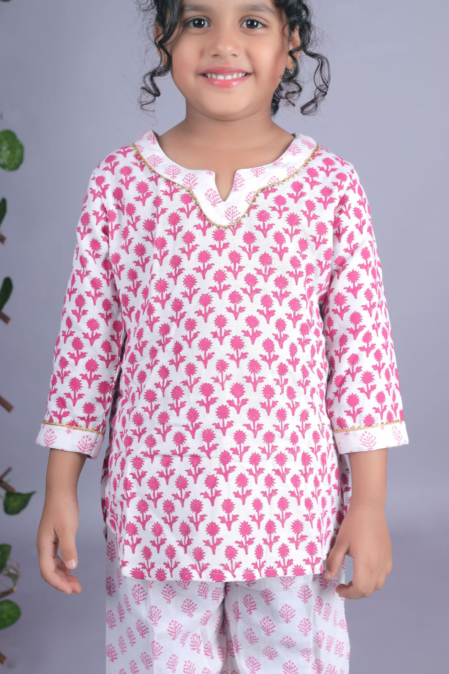 Pink Flower Print Kurta And Printed Salwar