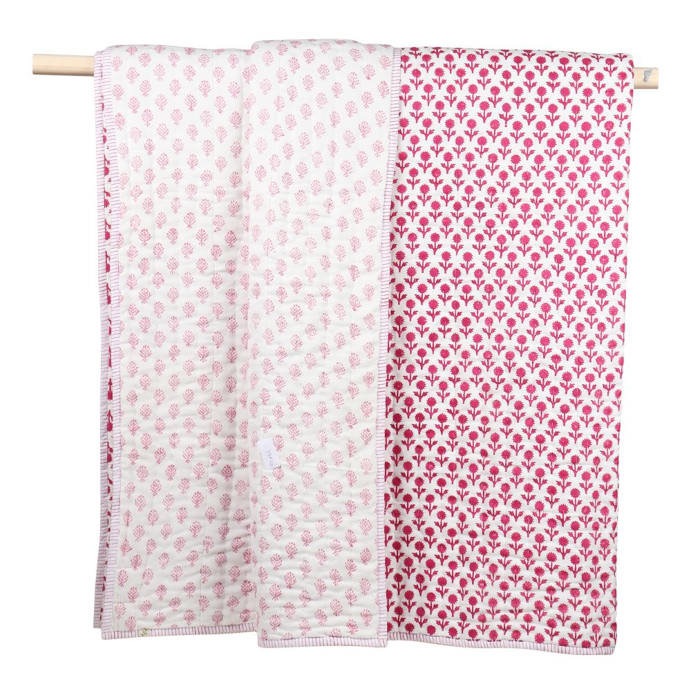FLOWER HAND BLOCK PRINTED QUILT- PINK - ITSYBOO