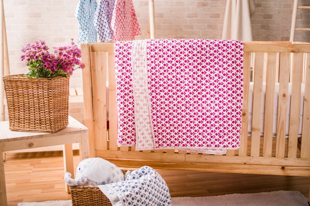 FLOWER HAND BLOCK PRINTED QUILT- PINK - ITSYBOO