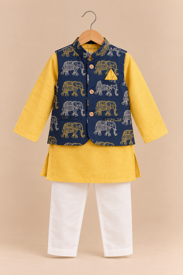Hand Block Elephant Print Jacket with Yellow Kurta Pyjama