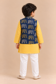 Hand Block Elephant Print Jacket with Yellow Kurta Pyjama