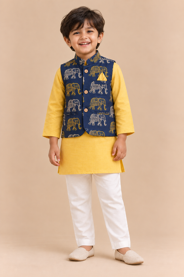 Hand Block Elephant Print Jacket with Yellow Kurta Pyjama