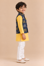 Hand Block Elephant Print Jacket with Yellow Kurta Pyjama