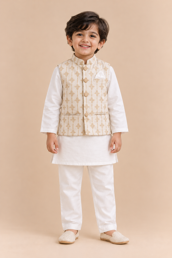 White Embroidered Jacket with Kurta Pyjama