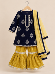 Navy Hand Embroidered Kurti with Yellow Sharara