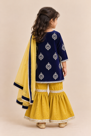 Navy Hand Embroidered Kurti with Yellow Sharara