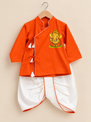 Orange Ganesh Ji Motif Dhoti Kurta
