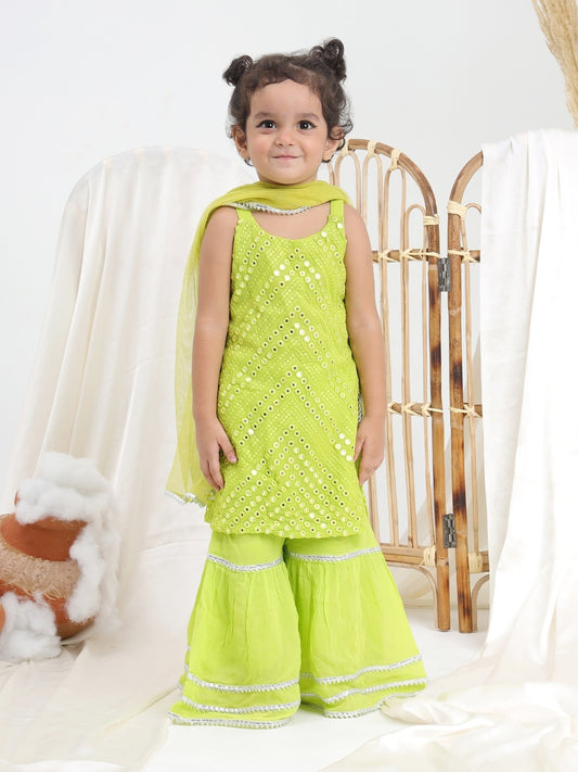 Green Embroidered Georgette Sharara- Set of 3 - ITSYBOO