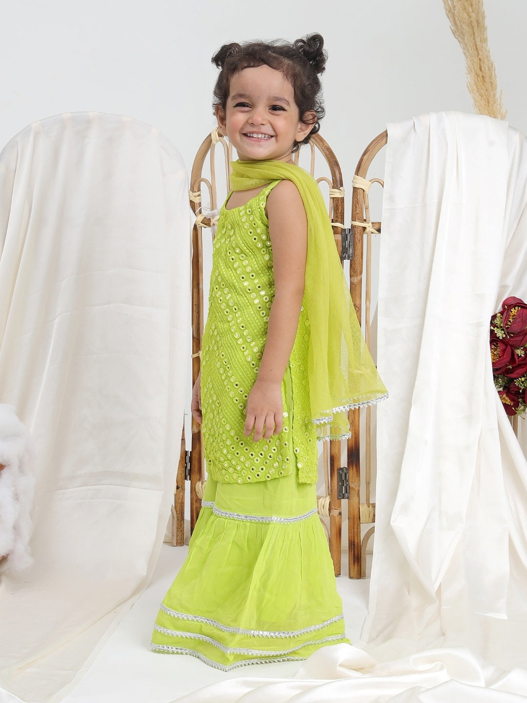 Green Embroidered Georgette Sharara- Set of 3 - ITSYBOO