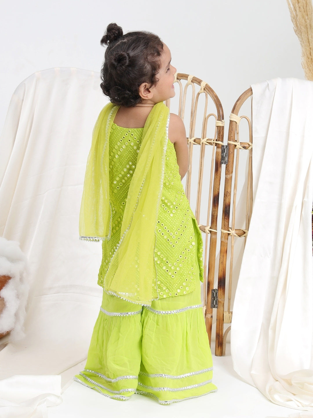 Green Embroidered Georgette Sharara- Set of 3 - ITSYBOO