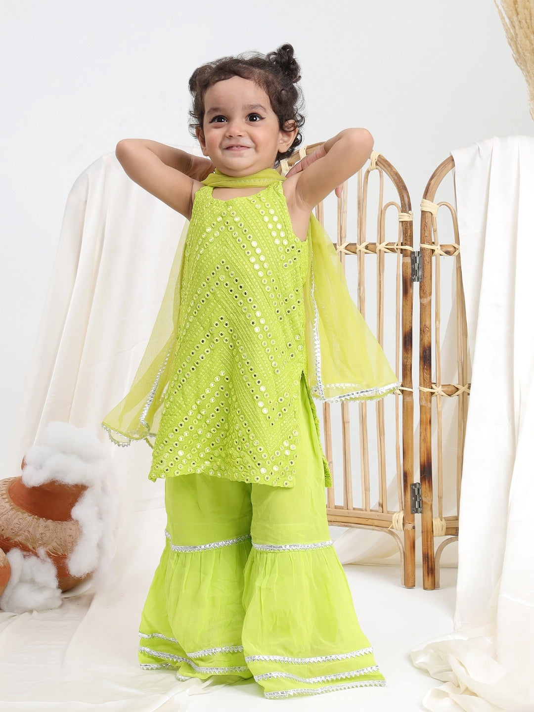 Green Embroidered Georgette Sharara- Set of 3 - ITSYBOO