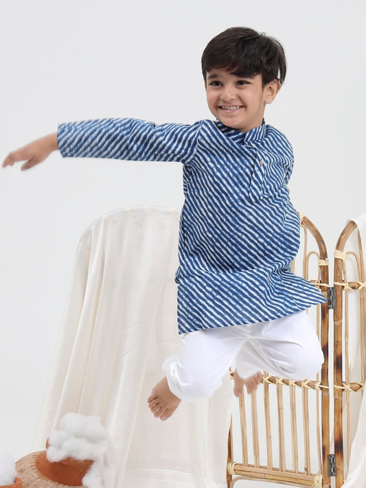 Blue Lehriya Mandarin Collar Pure Cotton Kurta Set - ITSYBOO