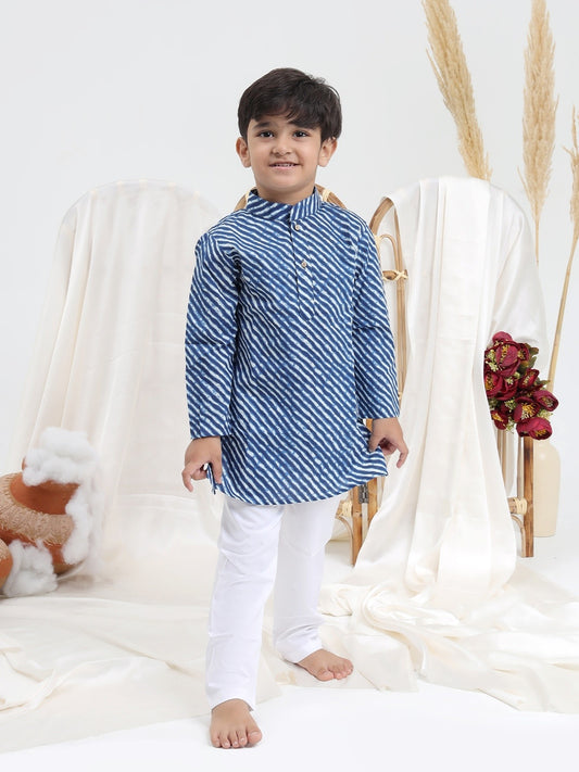Blue Lehriya Mandarin Collar Pure Cotton Kurta Set - ITSYBOO