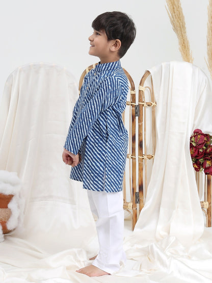 Blue Lehriya Mandarin Collar Pure Cotton Kurta Set - ITSYBOO