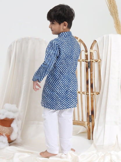 Blue Lehriya Mandarin Collar Pure Cotton Kurta Set - ITSYBOO