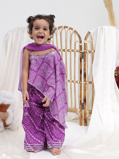 Girls Bandhani Printed Pure Cotton Asymmetric Top With Palazzos & Dupatta - ITSYBOO