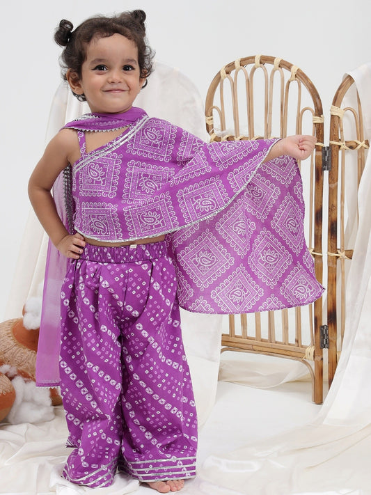 Girls Bandhani Printed Pure Cotton Asymmetric Top With Palazzos & Dupatta - ITSYBOO