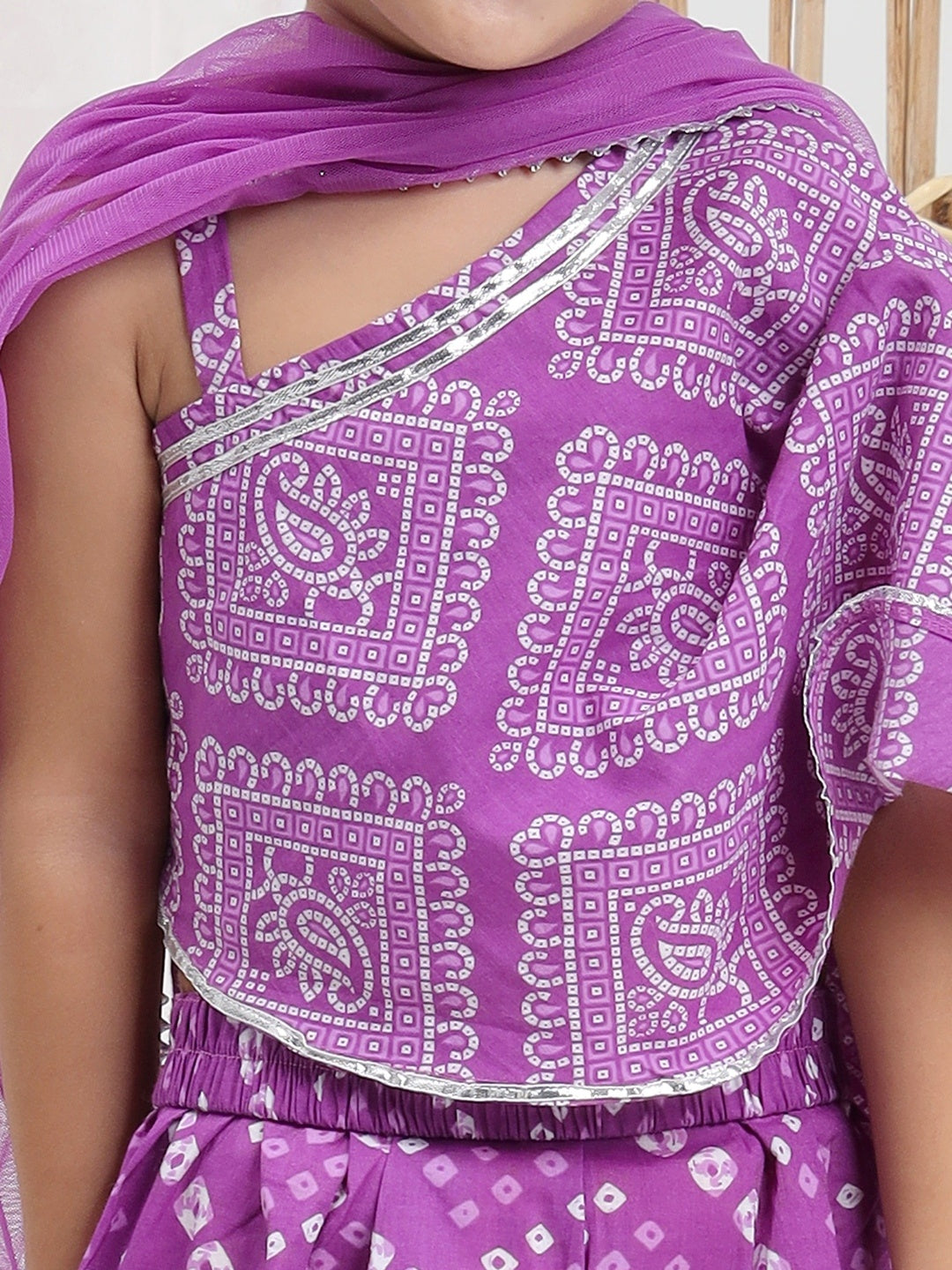 Girls Bandhani Printed Pure Cotton Asymmetric Top With Palazzos & Dupatta - ITSYBOO